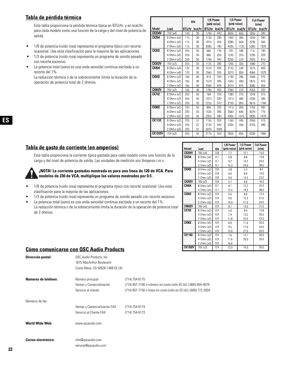 Tabla de pérdida térmica, Tabla de gasto de corriente (en amperios), Cómo comunicarse con qsc audio products | QSC Audio CX502 User Manual | Page 22 / 52