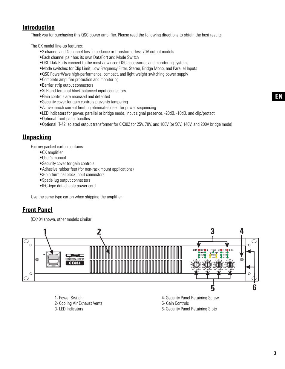 Introduction, Unpacking, Front panel | QSC Audio CX502 User Manual | Page 3 / 52