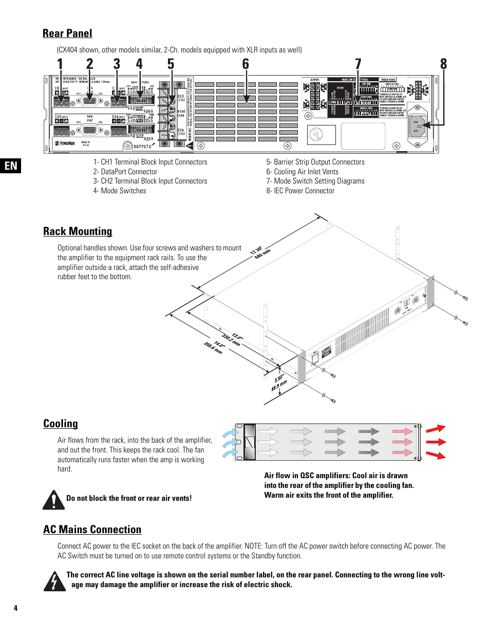 Rack mounting, Cooling, Ac mains connection | Rear panel | QSC Audio CX502 User Manual | Page 4 / 52