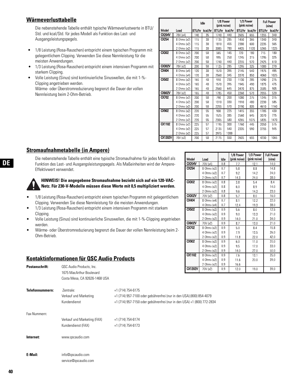 Wärmeverlusttabelle, Stromaufnahmetabelle (in ampere), Kontaktinformationen für qsc audio products | QSC Audio CX502 User Manual | Page 40 / 52