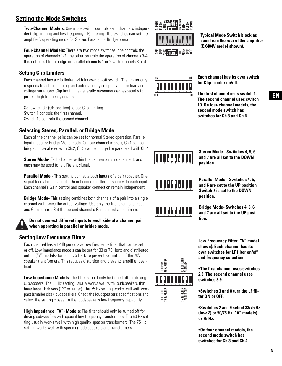 Setting the mode switches | QSC Audio CX502 User Manual | Page 5 / 52