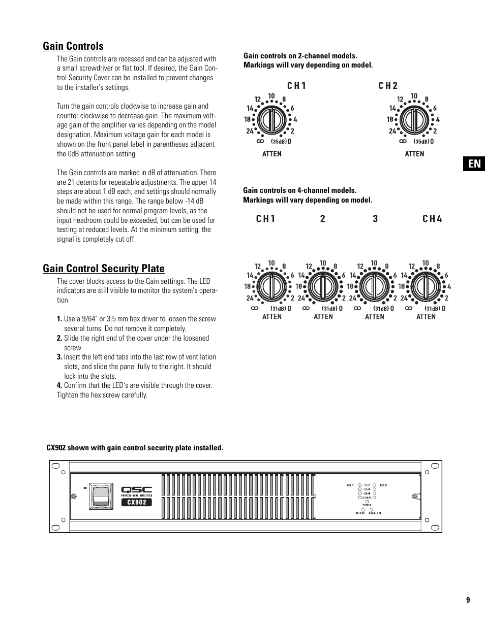 Gain controls, Gain control security plate | QSC Audio CX502 User Manual | Page 9 / 52
