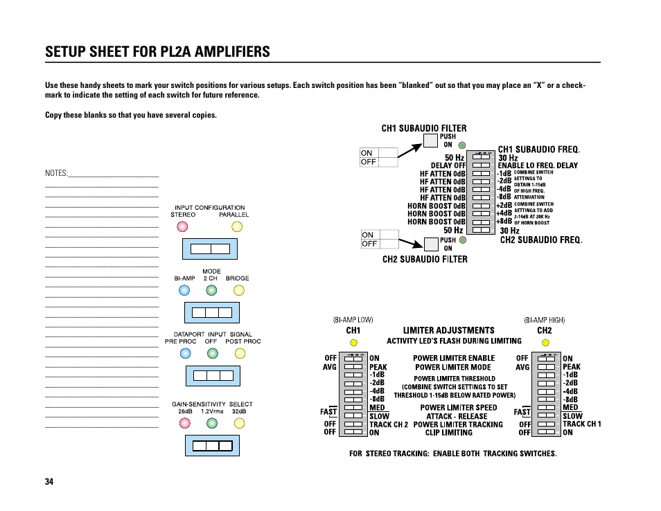 Setup sheet for pl2a amplifiers | QSC Audio PL224A User Manual | Page 34 / 36