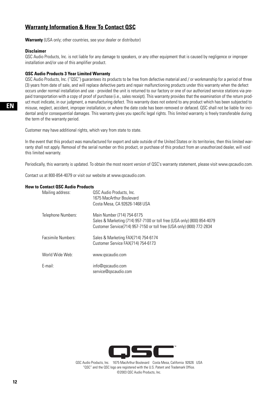 Warranty information & how to contact qsc, Qsc audio products 3 year limited warranty | QSC Audio ISA 500Ti User Manual | Page 12 / 56