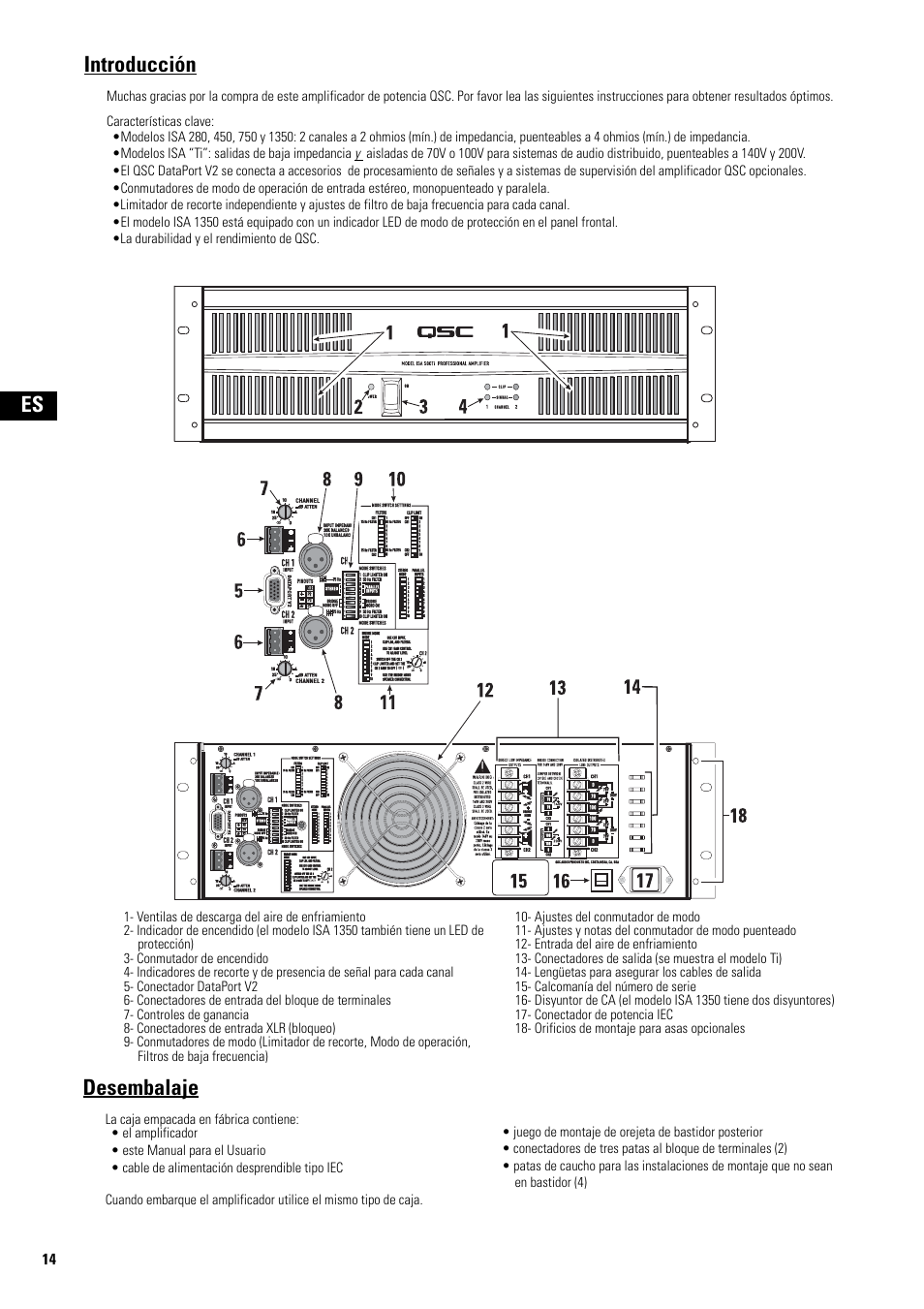 Introducción, Desembalaje | QSC Audio ISA 500Ti User Manual | Page 14 / 56