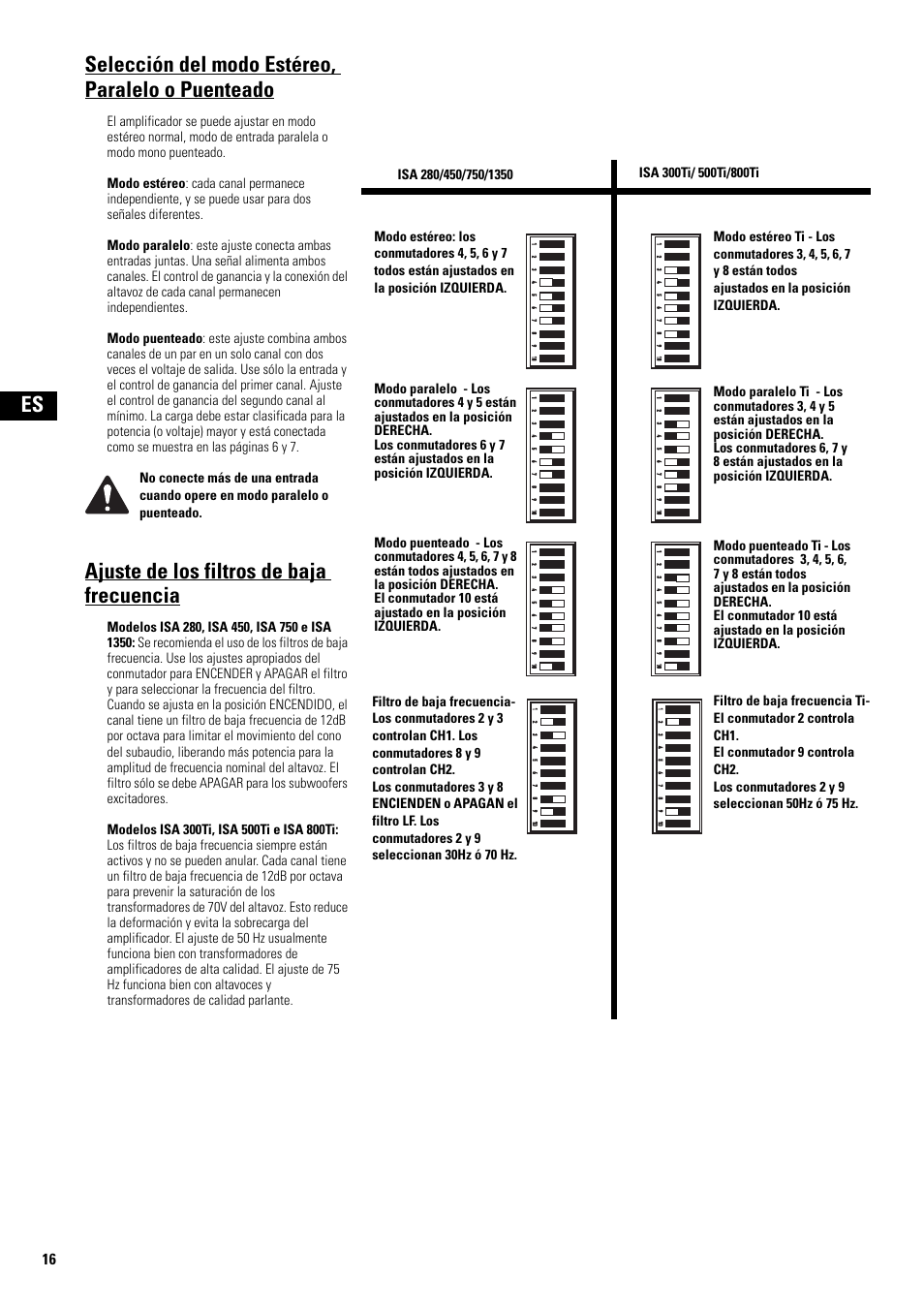 Selección del modo estéreo, paralelo o puenteado, Ajuste de los filtros de baja frecuencia, Filtro de baja frecuencia | Isa 280/450/750/1350, Isa 300ti/ 500ti/800ti, Filtro de baja frecuencia ti, El conmutador 2 controla ch1, El conmutador 9 controla ch2, Los conmutadores 2 y 9 seleccionan 50hz ó 75 hz | QSC Audio ISA 500Ti User Manual | Page 16 / 56