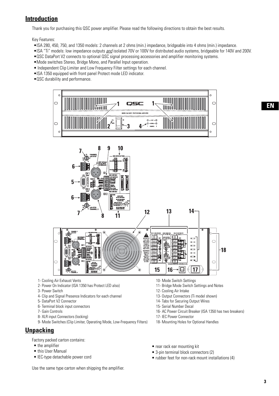 Introduction, Unpacking, En introduction | QSC Audio ISA 500Ti User Manual | Page 3 / 56