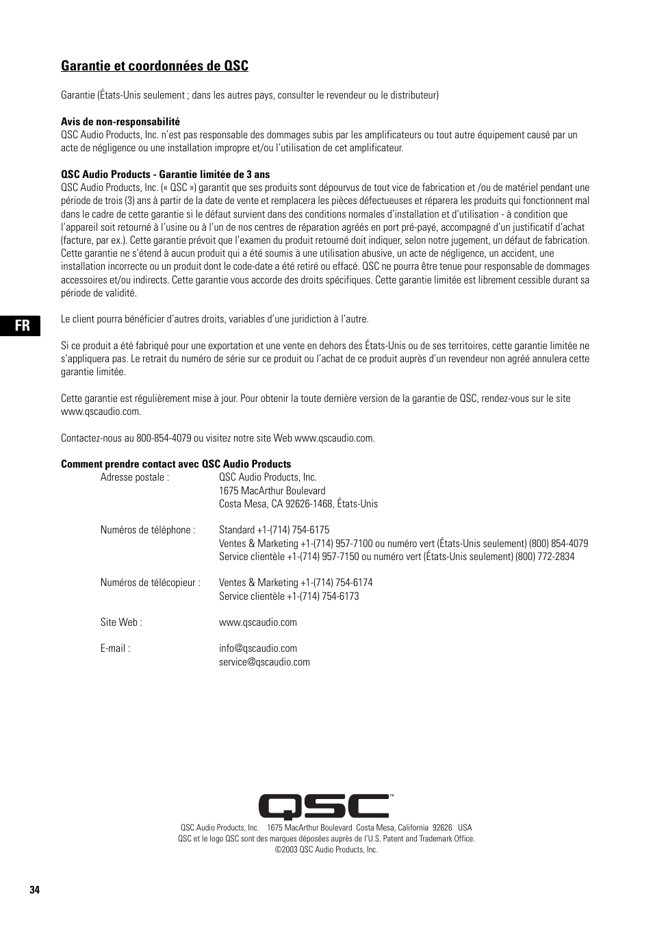 Garantie et coordonnées de qsc, Qsc audio products - garantie limitée de 3 ans | QSC Audio ISA 500Ti User Manual | Page 34 / 56