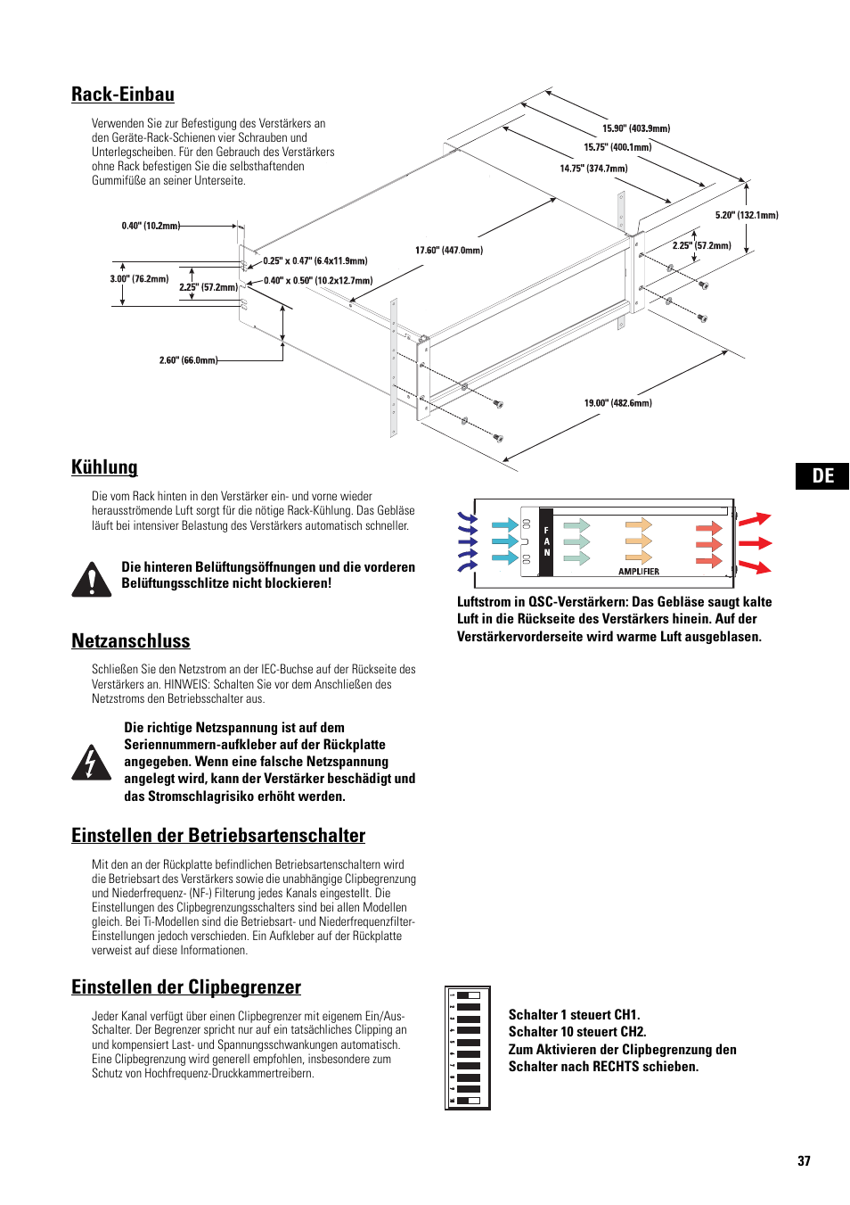 Rack-einbau, Kühlung, Netzanschluss | Einstellen der betriebsartenschalter, Einstellen der clipbegrenzer, Schalter 1 steuert ch1, Schalter 10 steuert ch2 | QSC Audio ISA 500Ti User Manual | Page 37 / 56