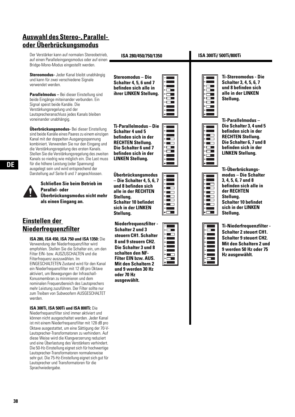 Einstellen der niederfrequenzfilter, Niederfrequenzfilter, Isa 280/450/750/1350 | Isa 300ti/ 500ti/800ti, Ti-niederfrequenzfilter, Schalter 2 steuert ch1, Schalter 9 steuert ch2 | QSC Audio ISA 500Ti User Manual | Page 38 / 56