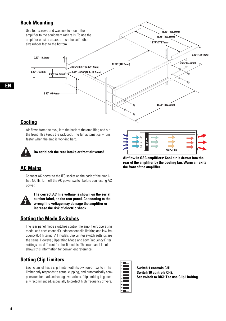 Rack mounting, Cooling, Do not block the rear intake or front air vents | Ac mains, Setting the mode switches, Setting clip limiters, Switch 1 controls ch1, Switch 10 controls ch2, Set switch to right to use clip limiting, En rack mounting | QSC Audio ISA 500Ti User Manual | Page 4 / 56