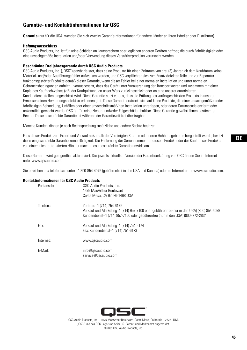 Garantie- und kontaktinformationen für qsc | QSC Audio ISA 500Ti User Manual | Page 45 / 56