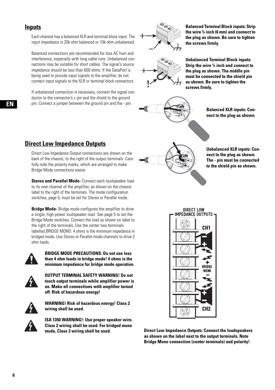 Inputs, Direct low impedance outputs, Balanced xlr inputs: connect to the plug as shown | En inputs | QSC Audio ISA 500Ti User Manual | Page 6 / 56