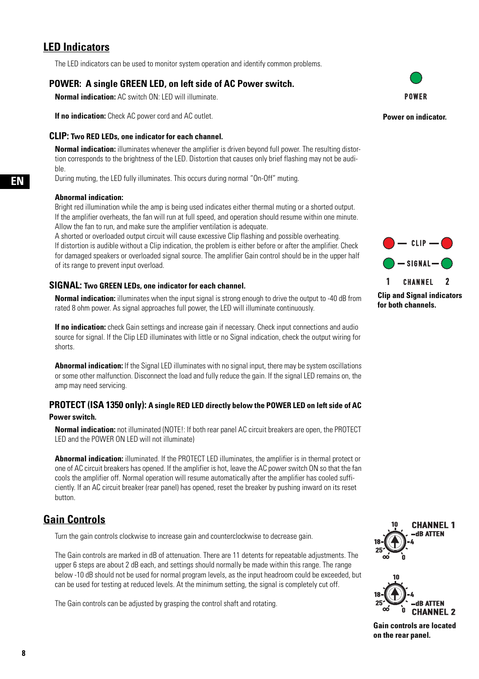 Gain controls are located on the rear panel, Clip and signal indicators for both channels, Led indicators | Clip: two red leds, one indicator for each channel, Gain controls, Power on indicator | QSC Audio ISA 500Ti User Manual | Page 8 / 56