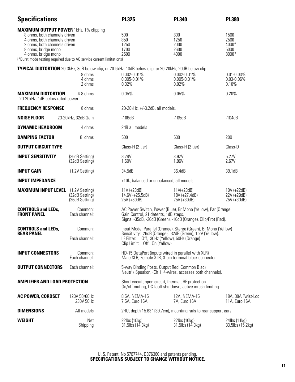 Specifications | QSC Audio POWERLIGHT PL380 User Manual | Page 11 / 12