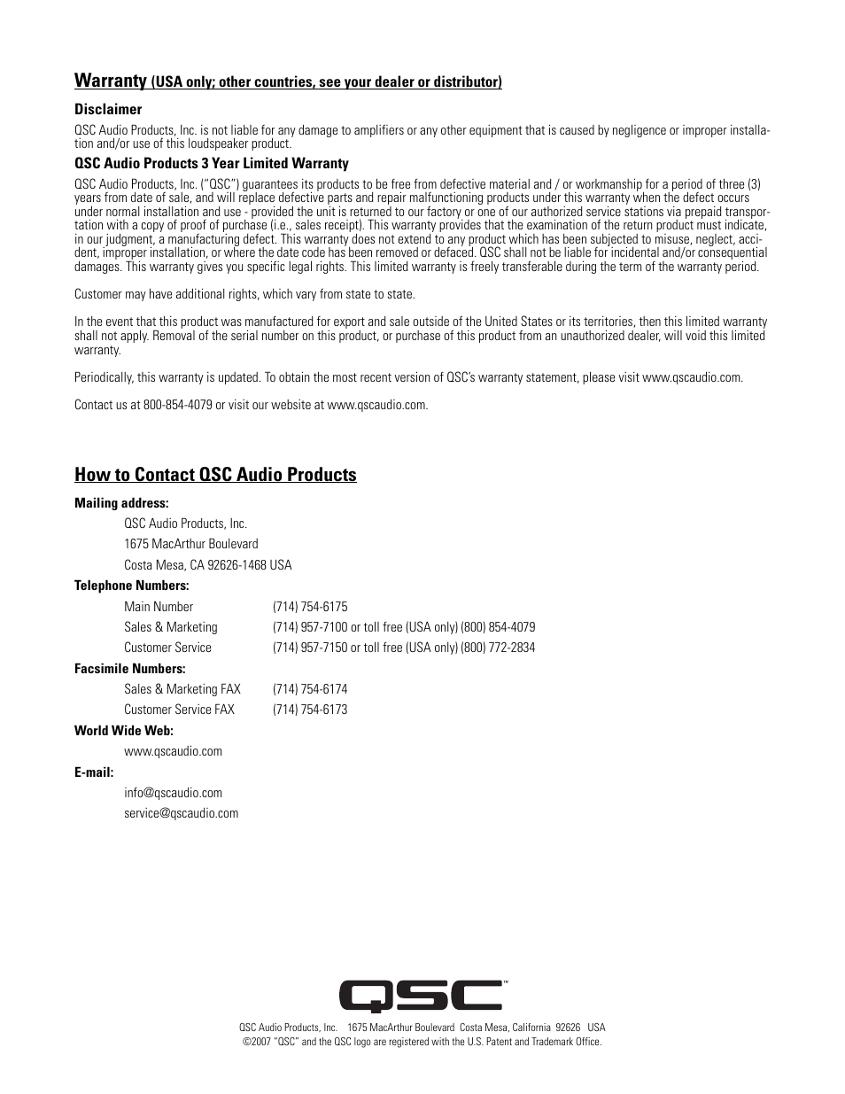 Warranty, How to contact qsc audio products | QSC Audio POWERLIGHT PL380 User Manual | Page 12 / 12