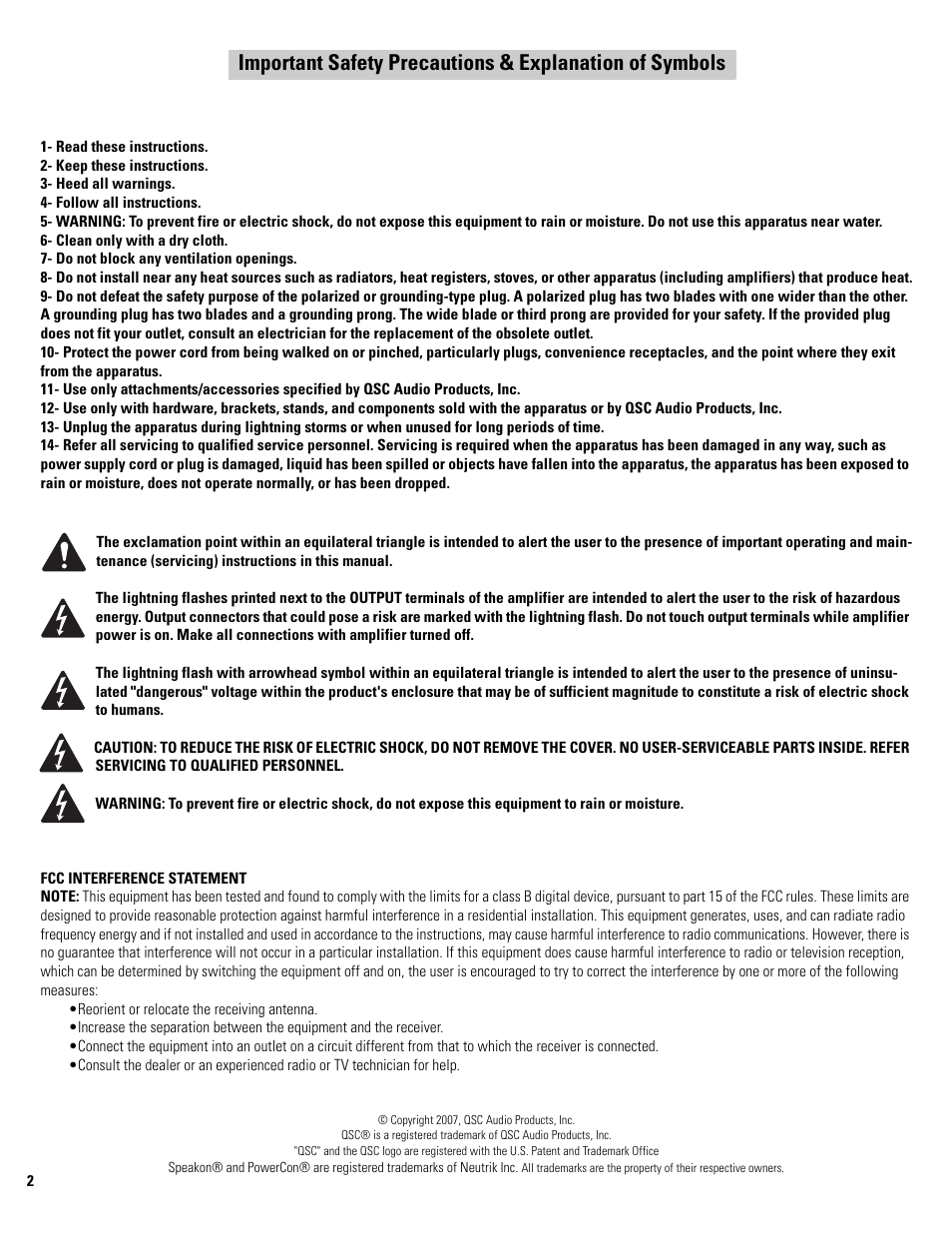 Fcc interference statement, Introduction, Powerlight 3 power amplifiers, watts at clipping | Features | QSC Audio POWERLIGHT PL380 User Manual | Page 2 / 12