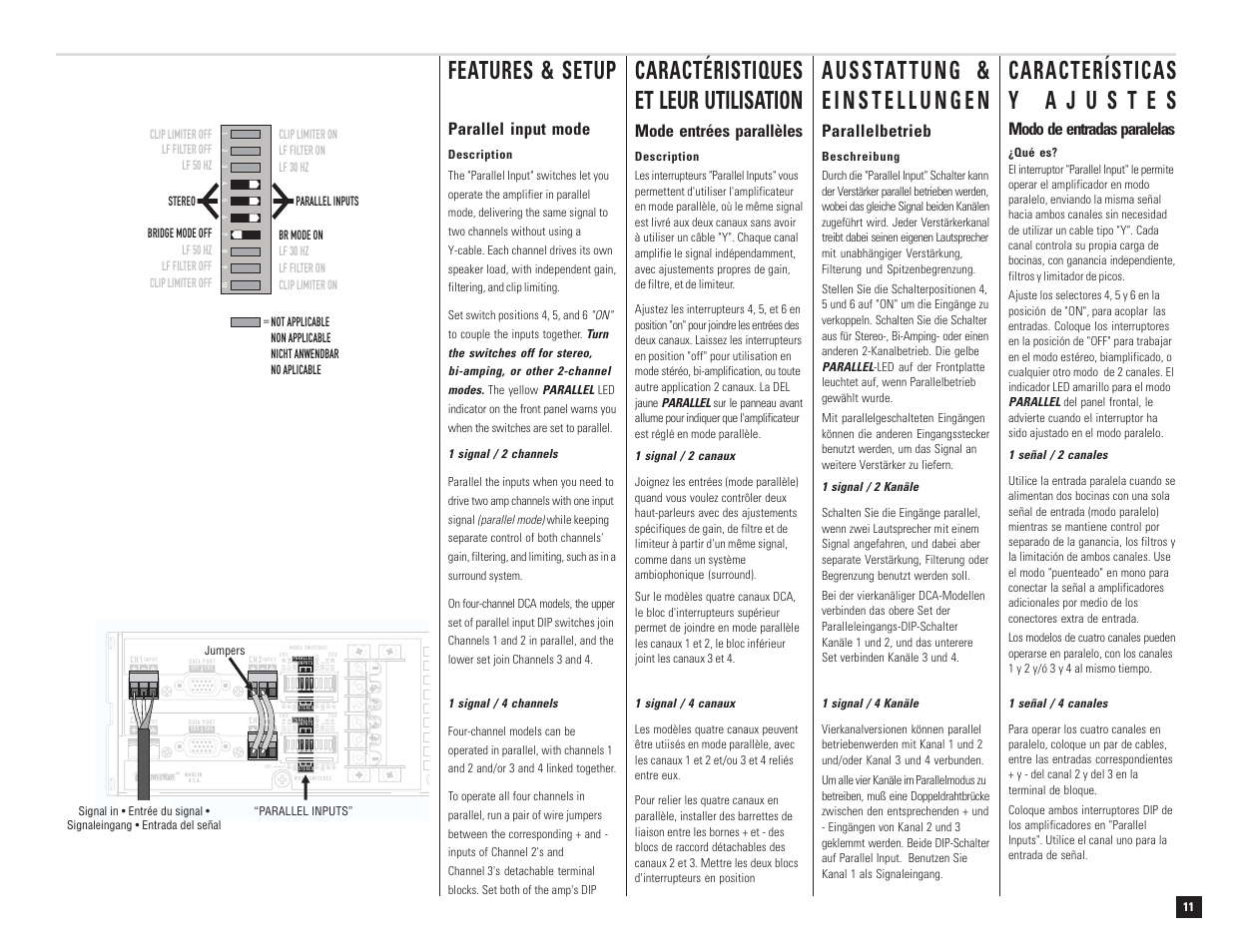 Features & setup, Parallel input mode, Modo de entradas paralelas | Mode entrées parallèles, Parallelbetrieb, Ch 1 ch 2, Ch 1 | QSC Audio DCA 1222 User Manual | Page 11 / 40