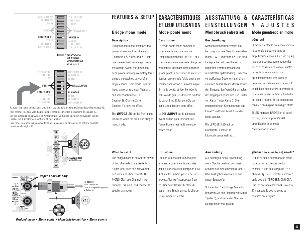 Features & setup, 2ω 2 ω, Bridge mono mode | Modo puenteado en mono, Mode ponté mono, Monobrückenbetrieb | QSC Audio DCA 1222 User Manual | Page 13 / 40
