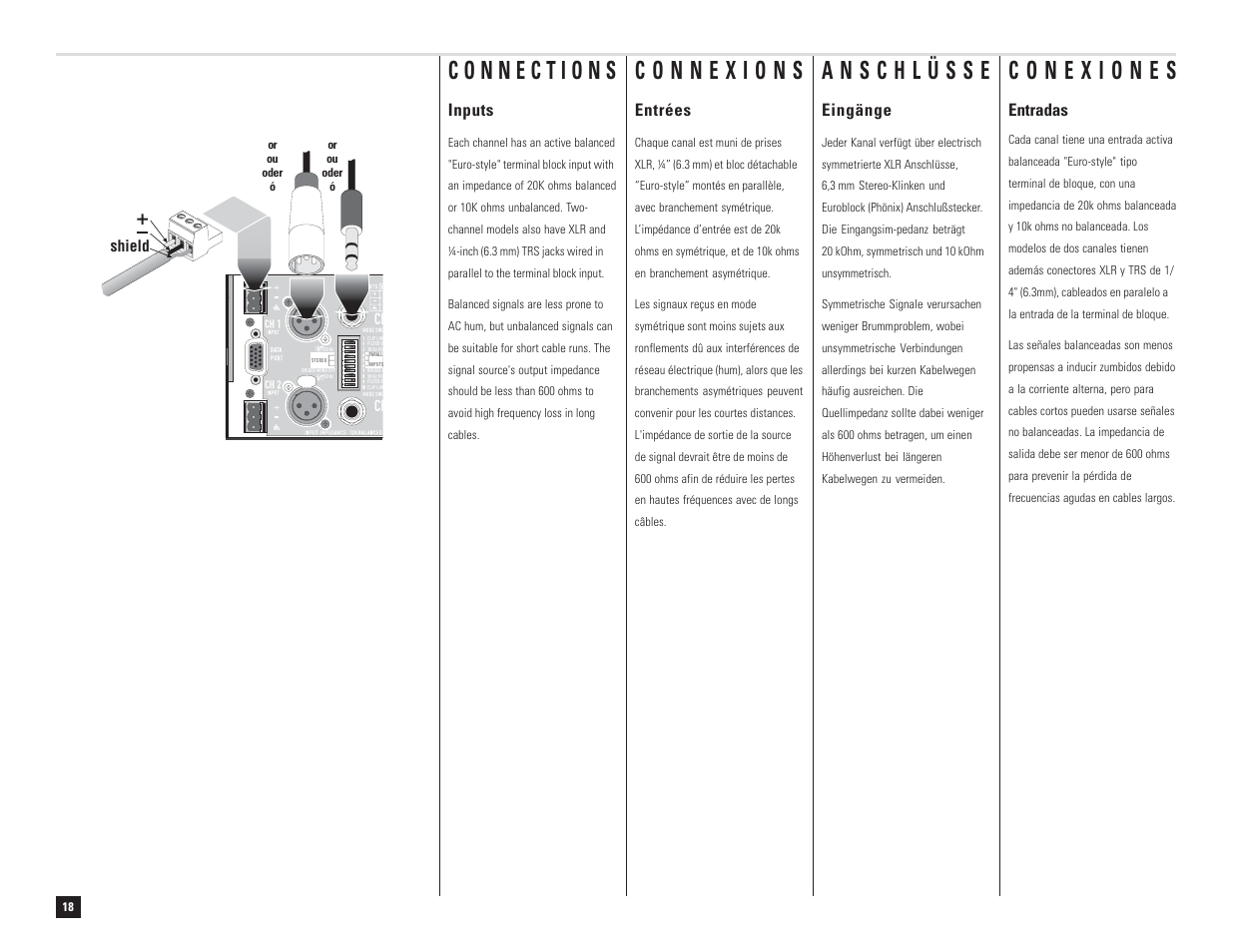 Entradas entrées, Eingänge, Inputs | Shield | QSC Audio DCA 1222 User Manual | Page 18 / 40