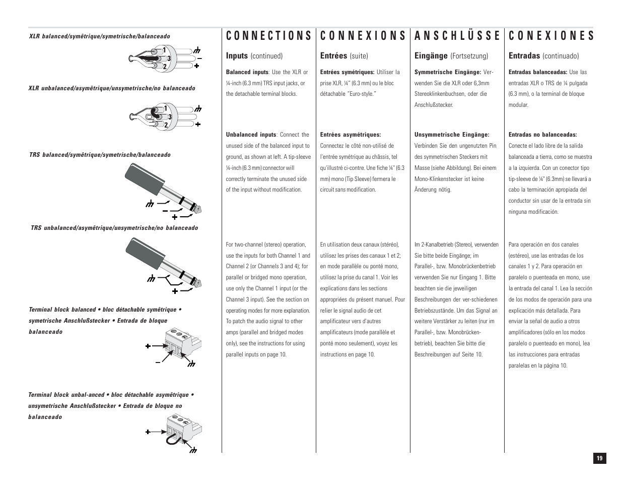 Inputs, Entradas, Eingänge | Entrées | QSC Audio DCA 1222 User Manual | Page 19 / 40