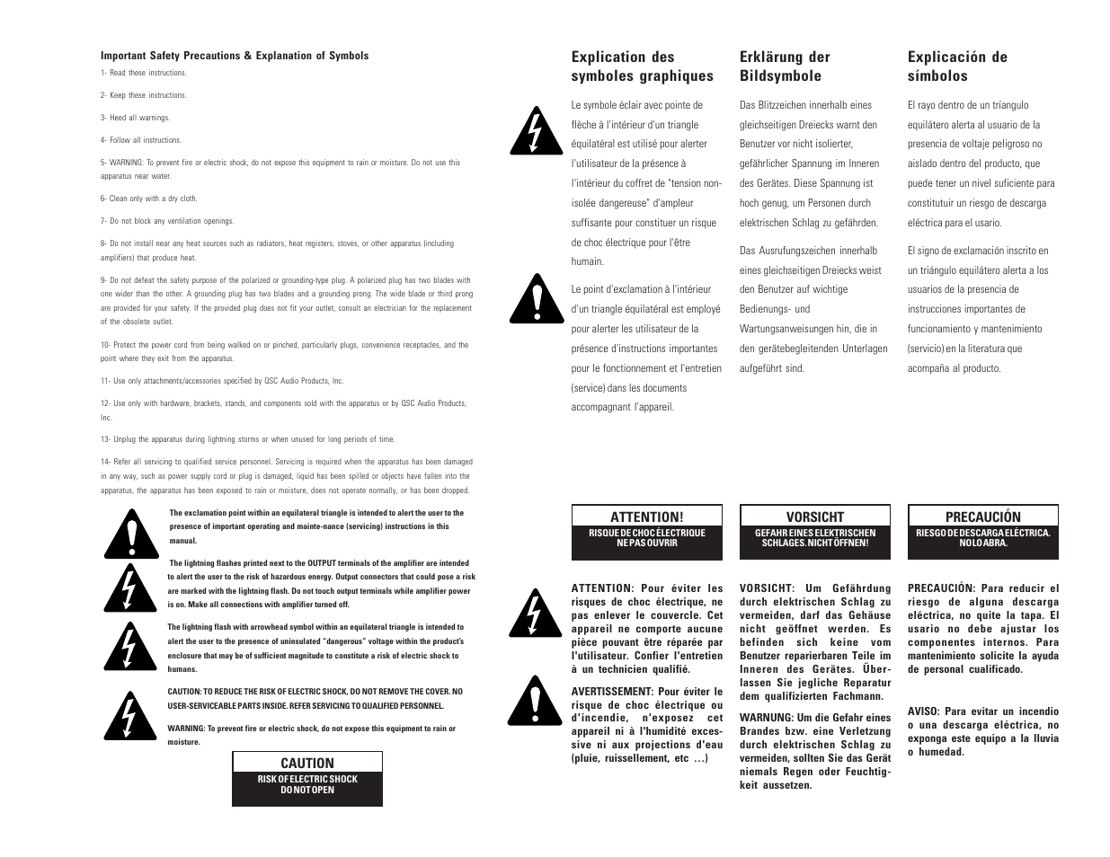 Erklärung der bildsymbole, Explicación de símbolos, Explication des symboles graphiques | Attention, Vorsicht, Precaución, Caution | QSC Audio DCA 1222 User Manual | Page 2 / 40