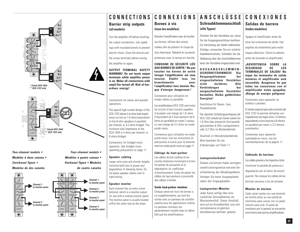 2ω 2 ω, Schraubklemmanschluß, Salidas de barrera | Bornes à vis, Barrier strip outputs | QSC Audio DCA 1222 User Manual | Page 21 / 40