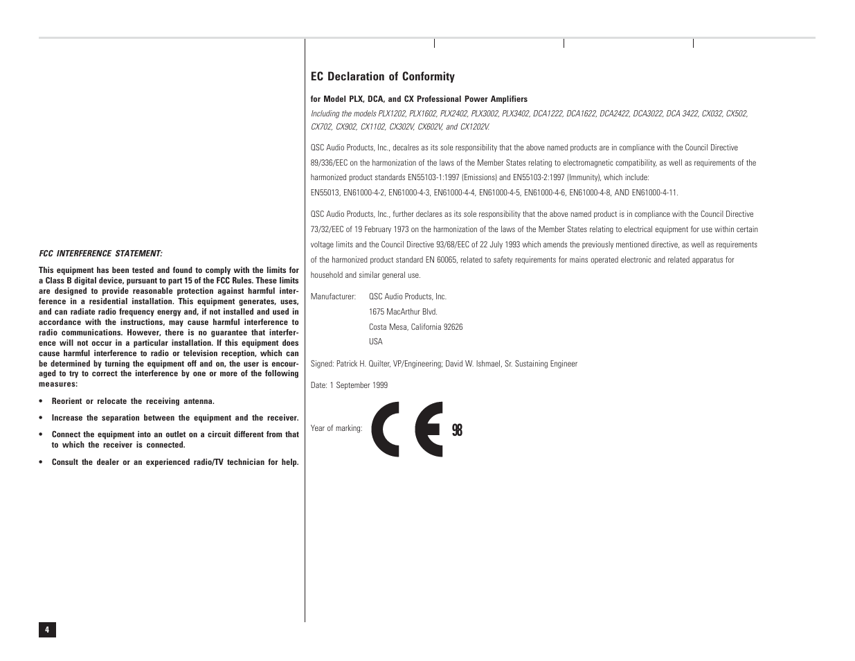 Ec declaration of conformity | QSC Audio DCA 1222 User Manual | Page 4 / 40