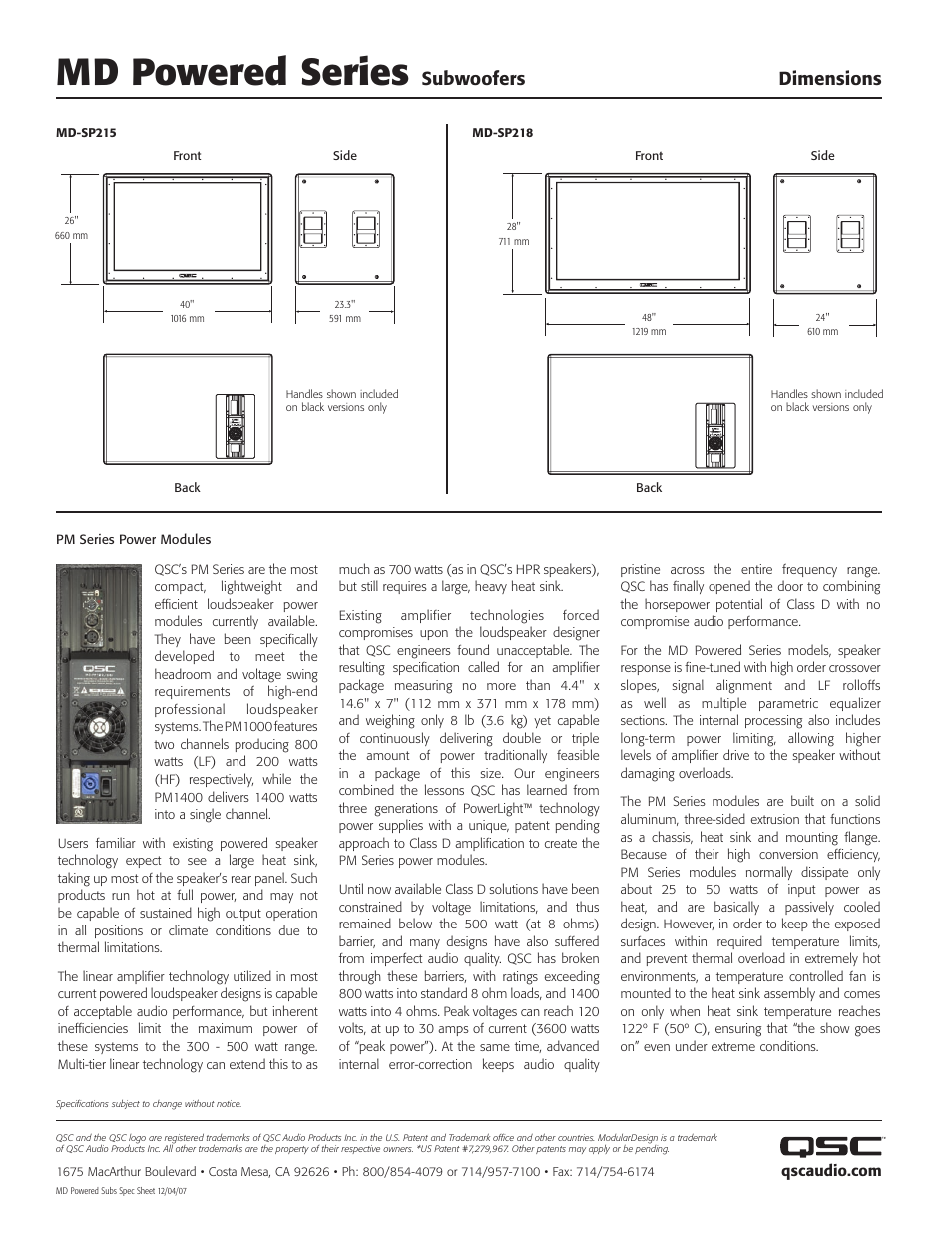 Md powered series, Subwoofers dimensions | QSC Audio MD-SP215 User Manual | Page 2 / 2