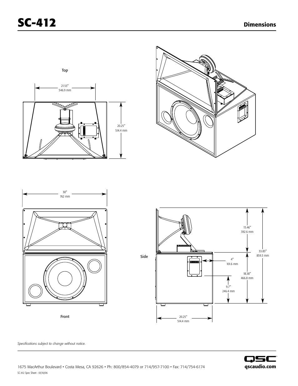 Sc-412, Dimensions | QSC Audio SC-412 User Manual | Page 2 / 2