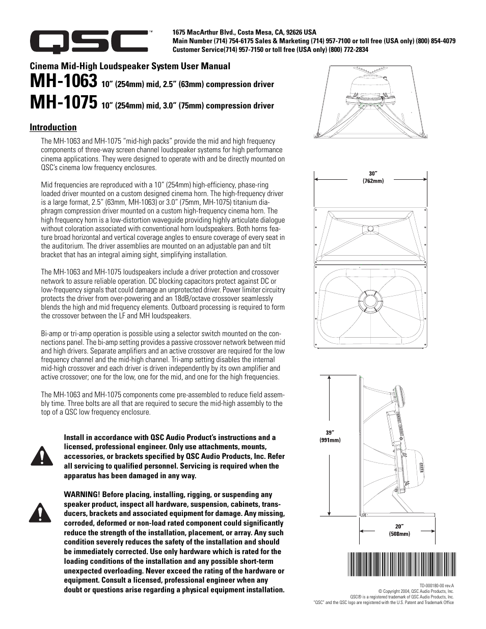 QSC Audio MH-1075 User Manual | 8 pages