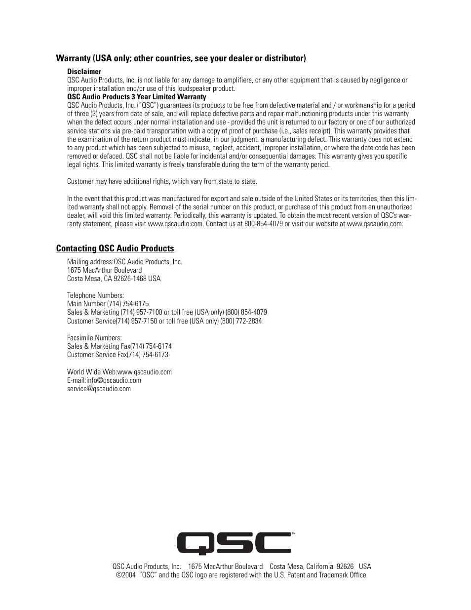 QSC Audio MH-1075 User Manual | Page 8 / 8