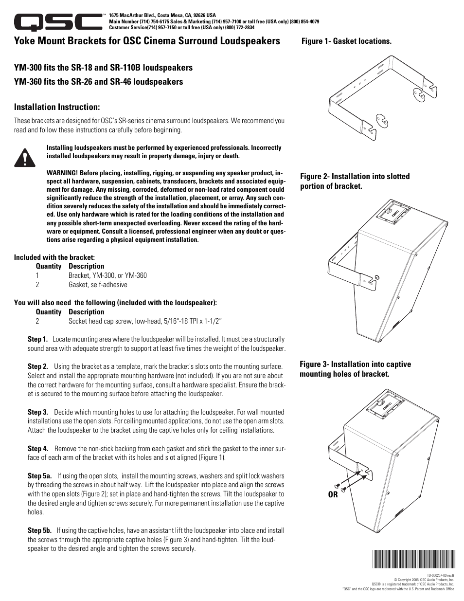 QSC Audio YOKE MOUNT BRACKETS YM-600 User Manual | 6 pages