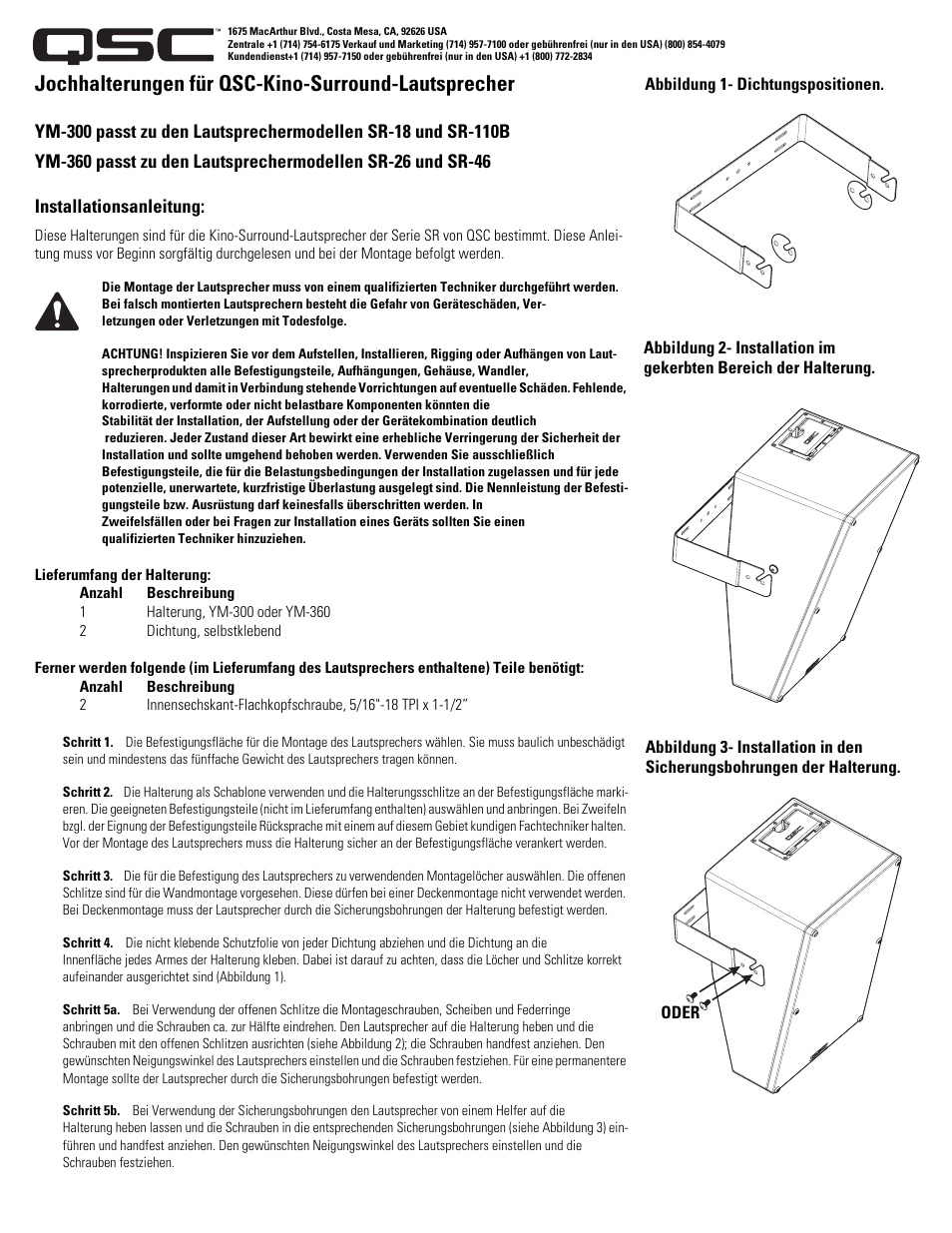 Jochhalterungen für qsc-kino-surround-lautsprecher | QSC Audio YOKE MOUNT BRACKETS YM-600 User Manual | Page 4 / 6