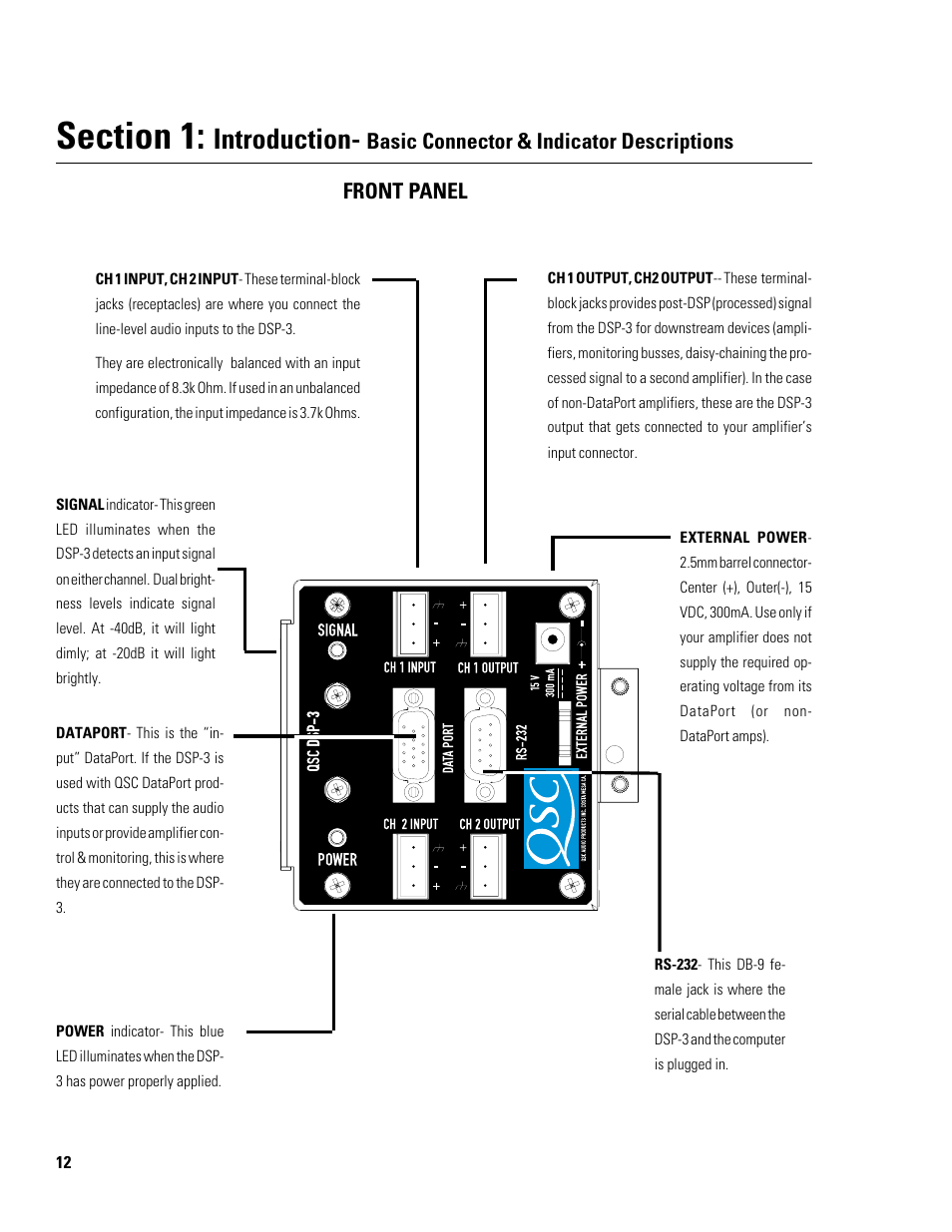 Introduction, Basic connector & indicator descriptions, Front panel | QSC Audio DSP-3 User Manual | Page 12 / 36