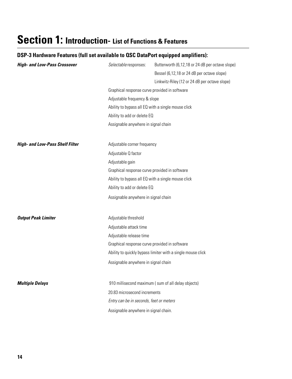 Introduction, List of functions & features | QSC Audio DSP-3 User Manual | Page 14 / 36