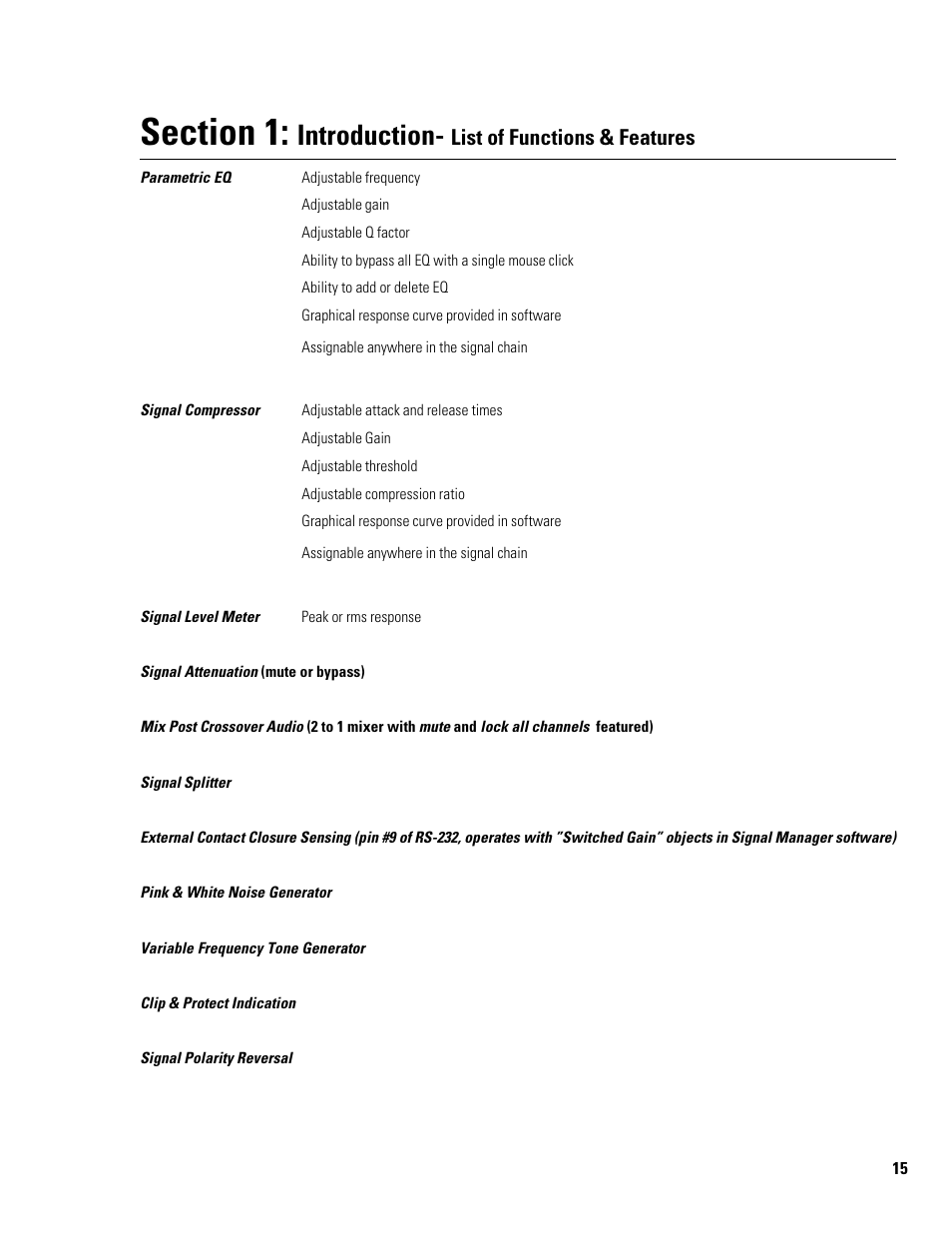 Introduction, List of functions & features | QSC Audio DSP-3 User Manual | Page 15 / 36