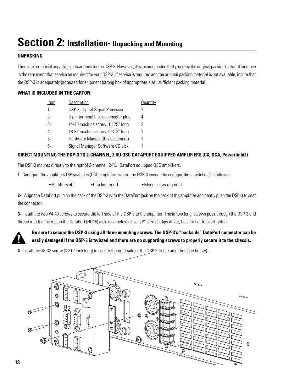 Installation, Unpacking and mounting | QSC Audio DSP-3 User Manual | Page 18 / 36