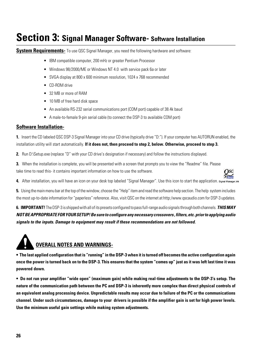 Signal manager software, Software installation | QSC Audio DSP-3 User Manual | Page 26 / 36