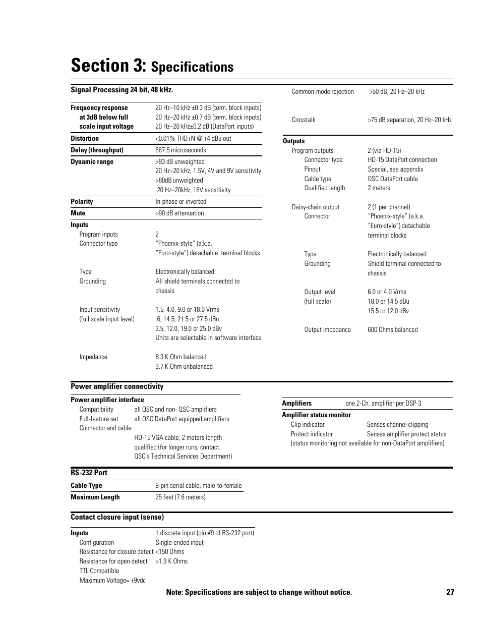 Specifications | QSC Audio DSP-3 User Manual | Page 27 / 36