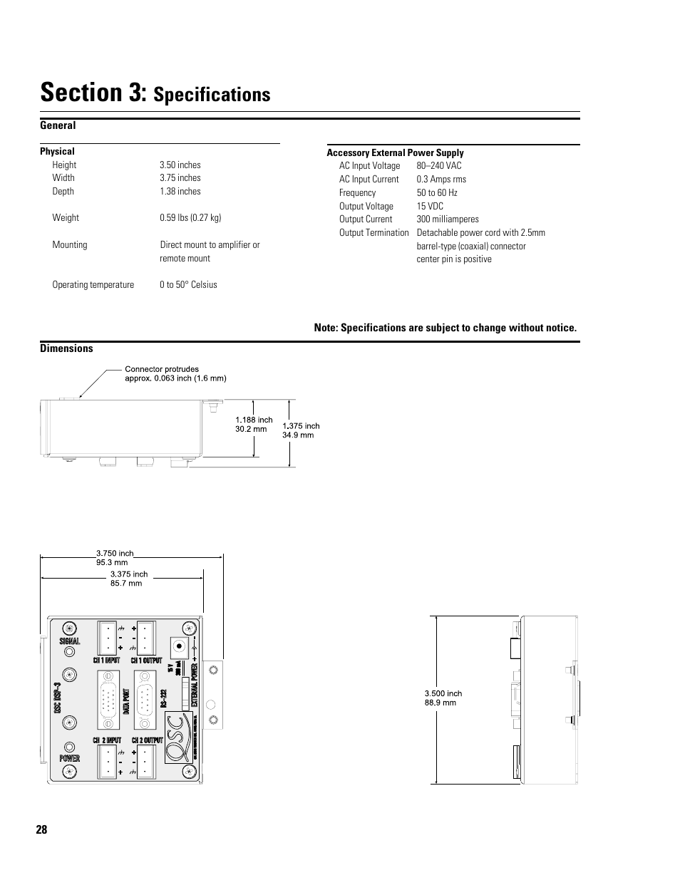 Specifications | QSC Audio DSP-3 User Manual | Page 28 / 36