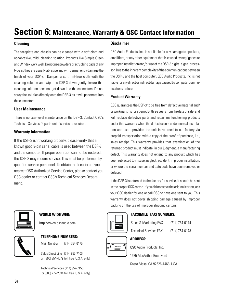 Maintenance, warranty & qsc contact information | QSC Audio DSP-3 User Manual | Page 34 / 36