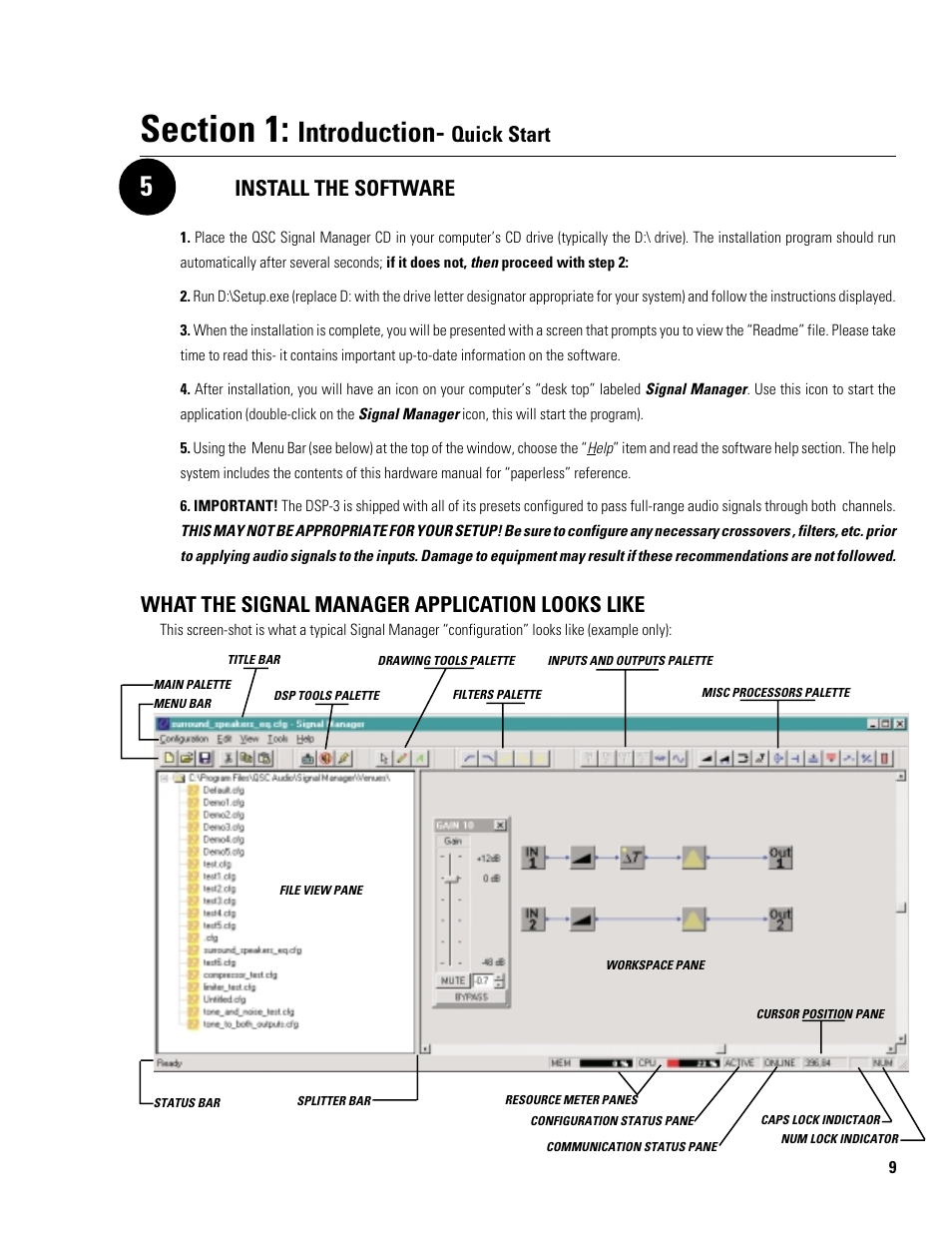 Introduction, Quick start, Install the software | What the signal manager application looks like | QSC Audio DSP-3 User Manual | Page 9 / 36