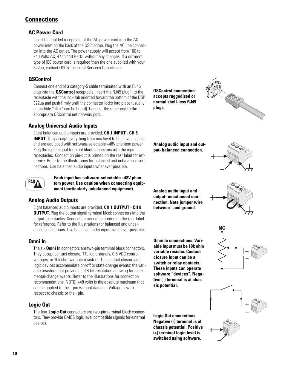 Connections, Ac power cord, Qscontrol | Analog universal audio inputs, Analog audio outputs, Omni in, Logic out | QSC Audio DSP 322UA User Manual | Page 10 / 20