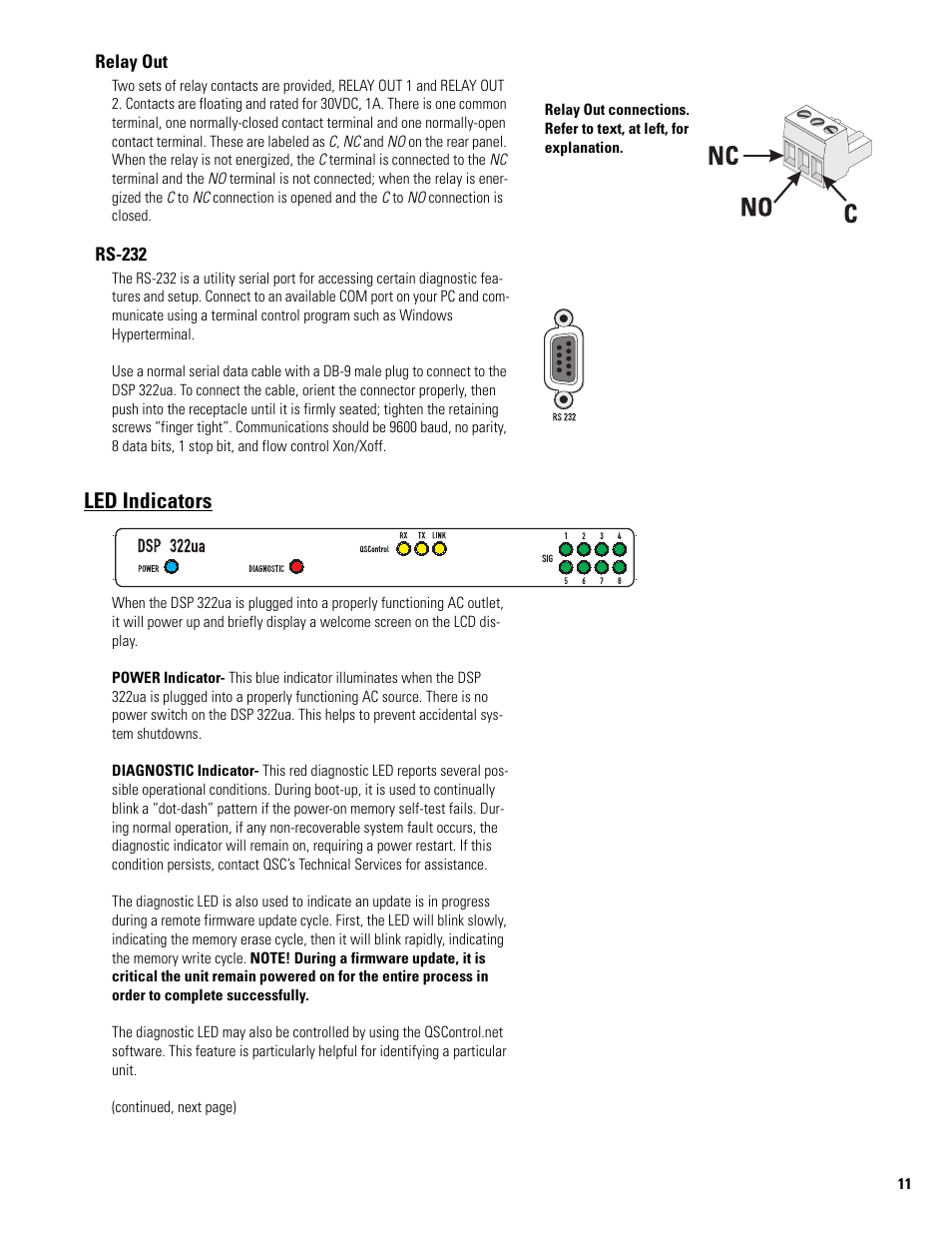 Relay out, Rs-232, Led indicators | QSC Audio DSP 322UA User Manual | Page 11 / 20