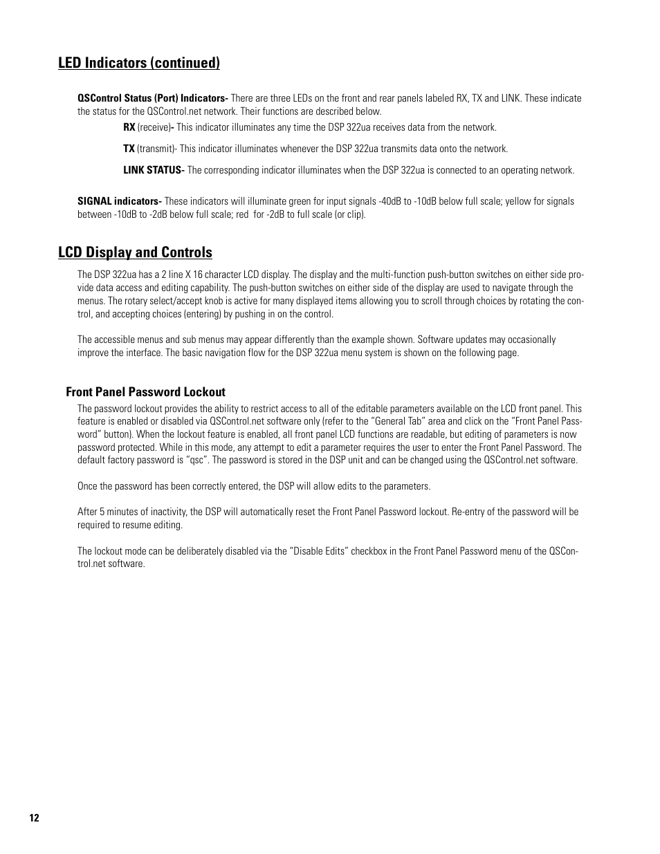 Led indicators (continued), Lcd display and controls, Front panel password lockout | QSC Audio DSP 322UA User Manual | Page 12 / 20