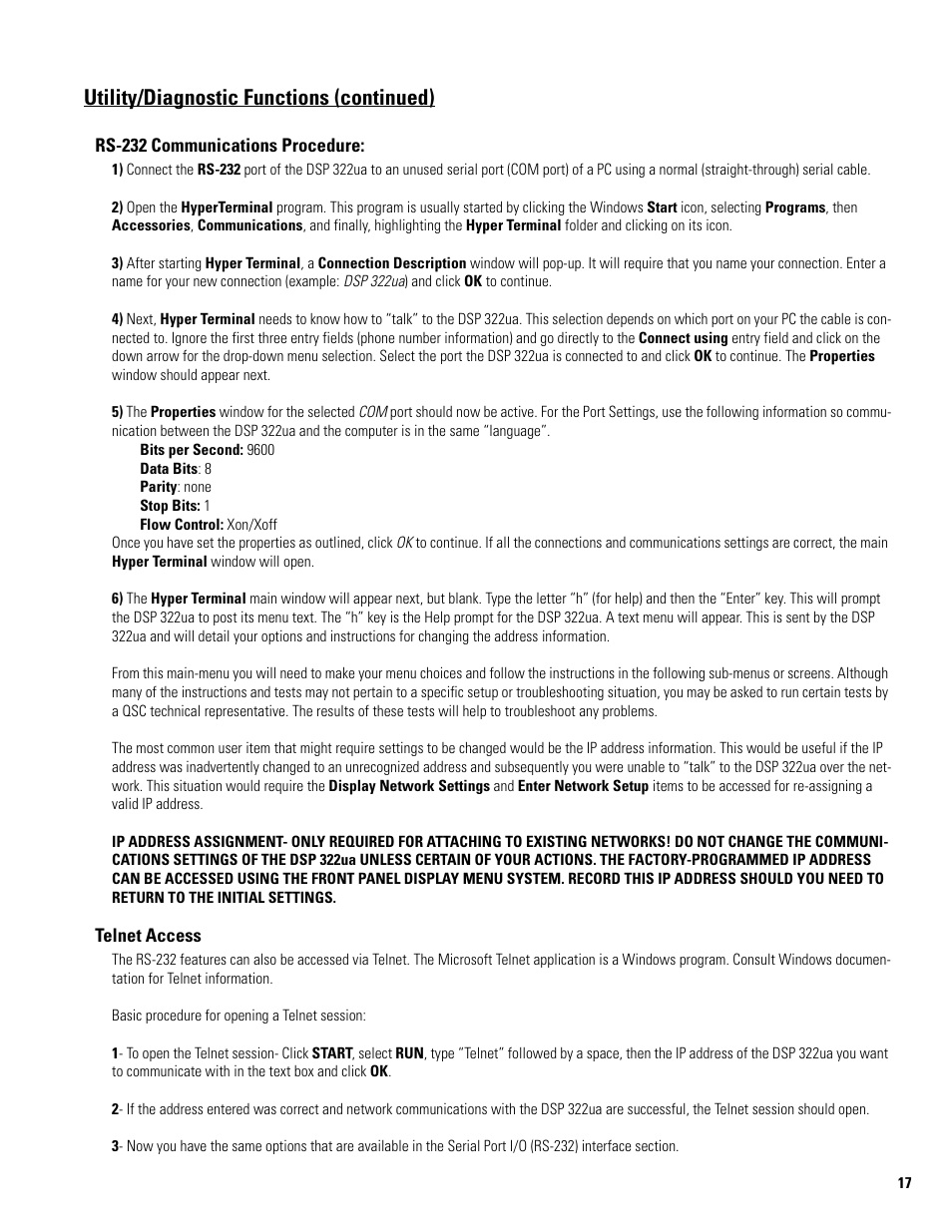 Rs-232 communications procedure, Telnet access, Utility/diagnostic functions (continued) | QSC Audio DSP 322UA User Manual | Page 17 / 20