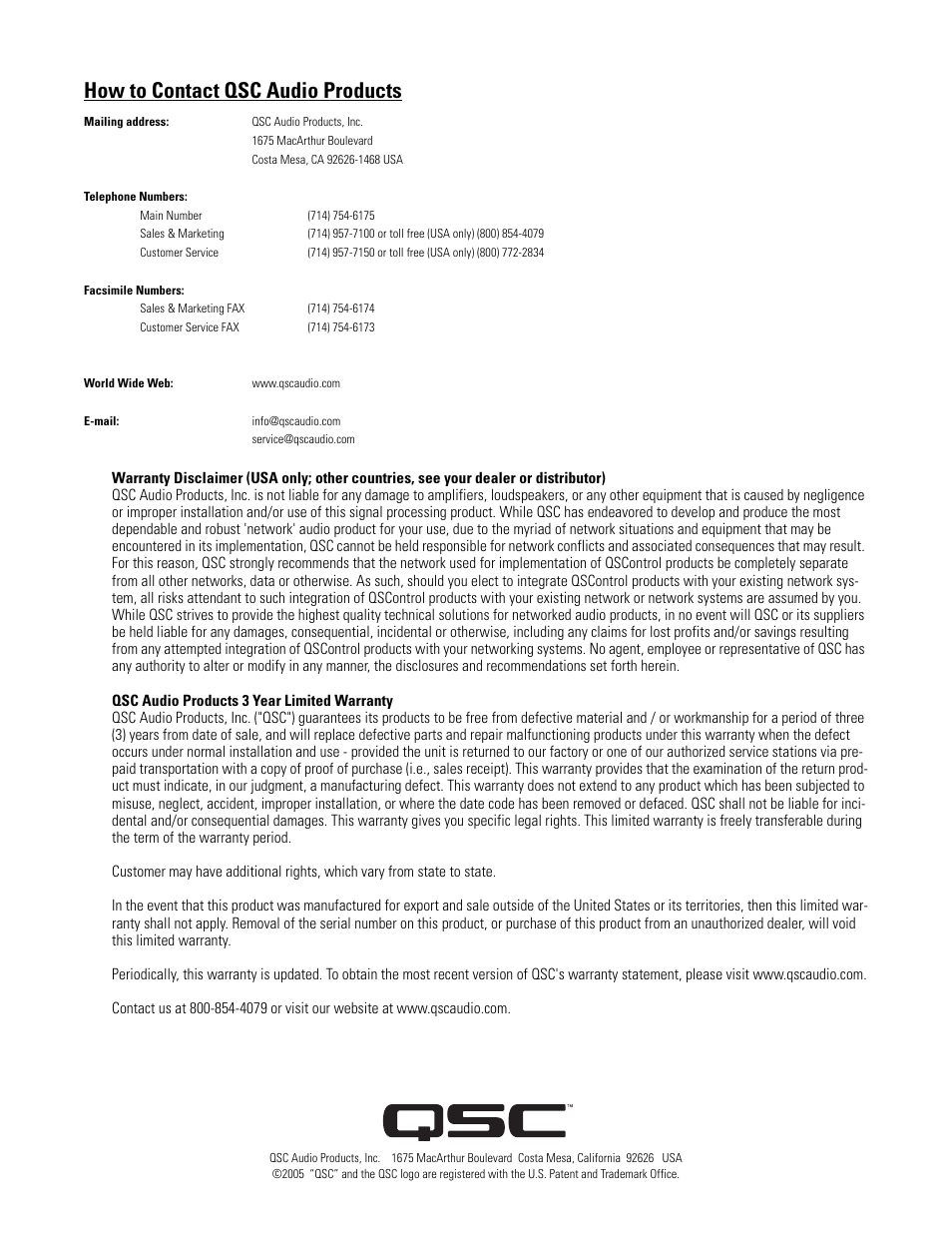 How to contact qsc audio products | QSC Audio DSP 322UA User Manual | Page 20 / 20