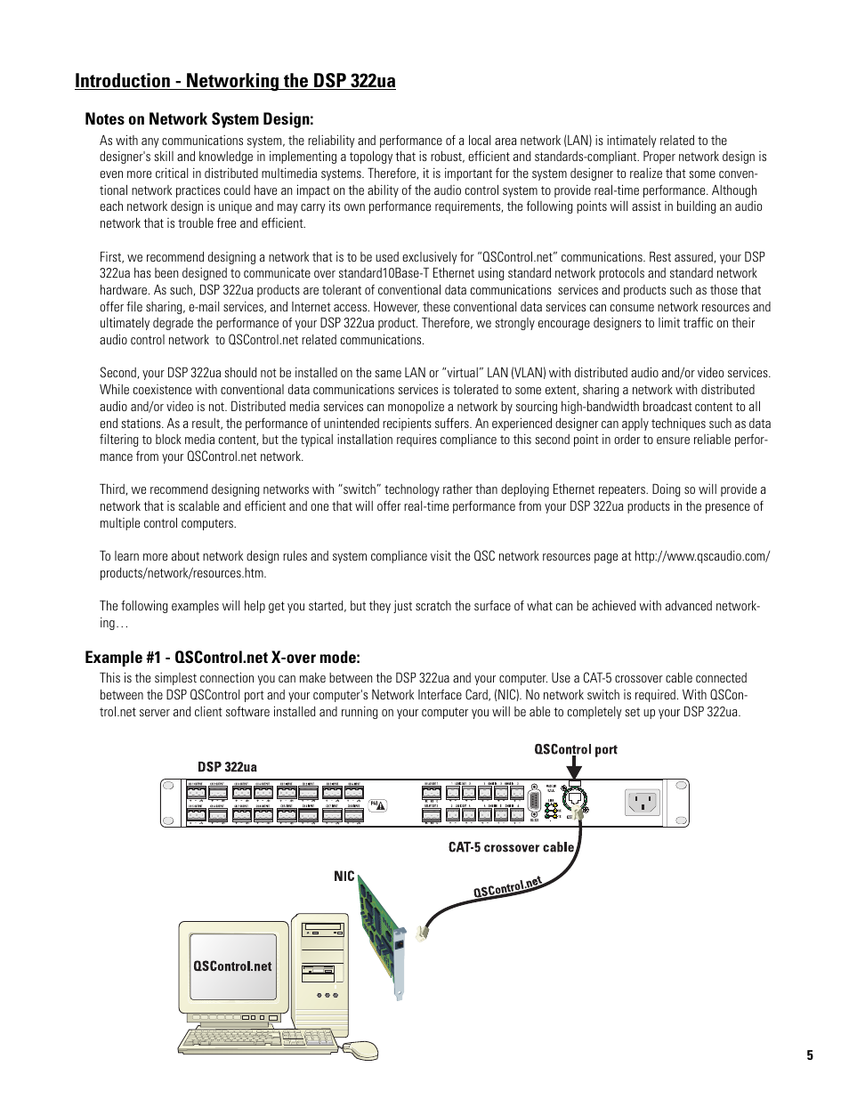 Introduction - networking the dsp 322ua, Notes on network system design, Example #1 - qscontrol.net x-over mode | QSC Audio DSP 322UA User Manual | Page 5 / 20