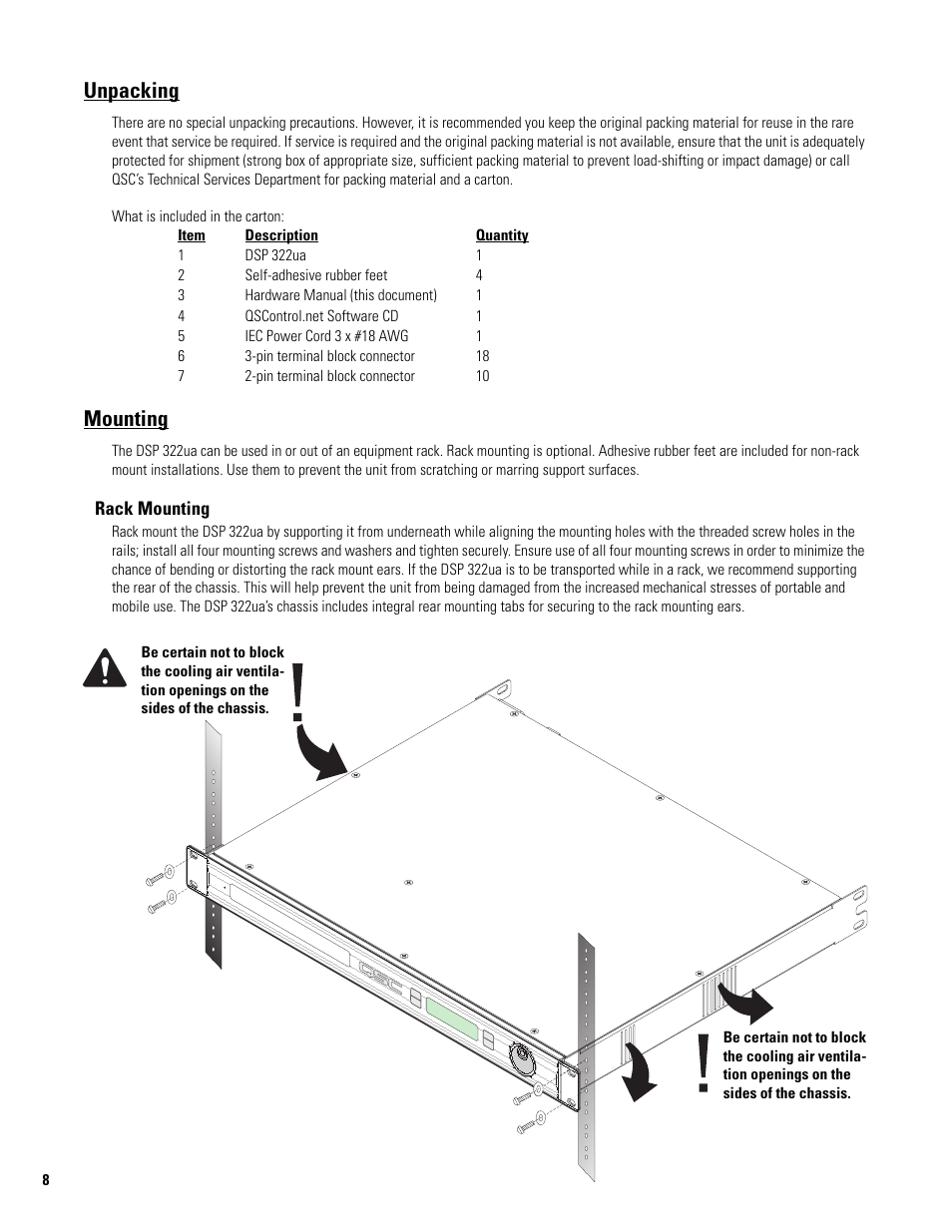 Unpacking, Mounting, Rack mounting | QSC Audio DSP 322UA User Manual | Page 8 / 20